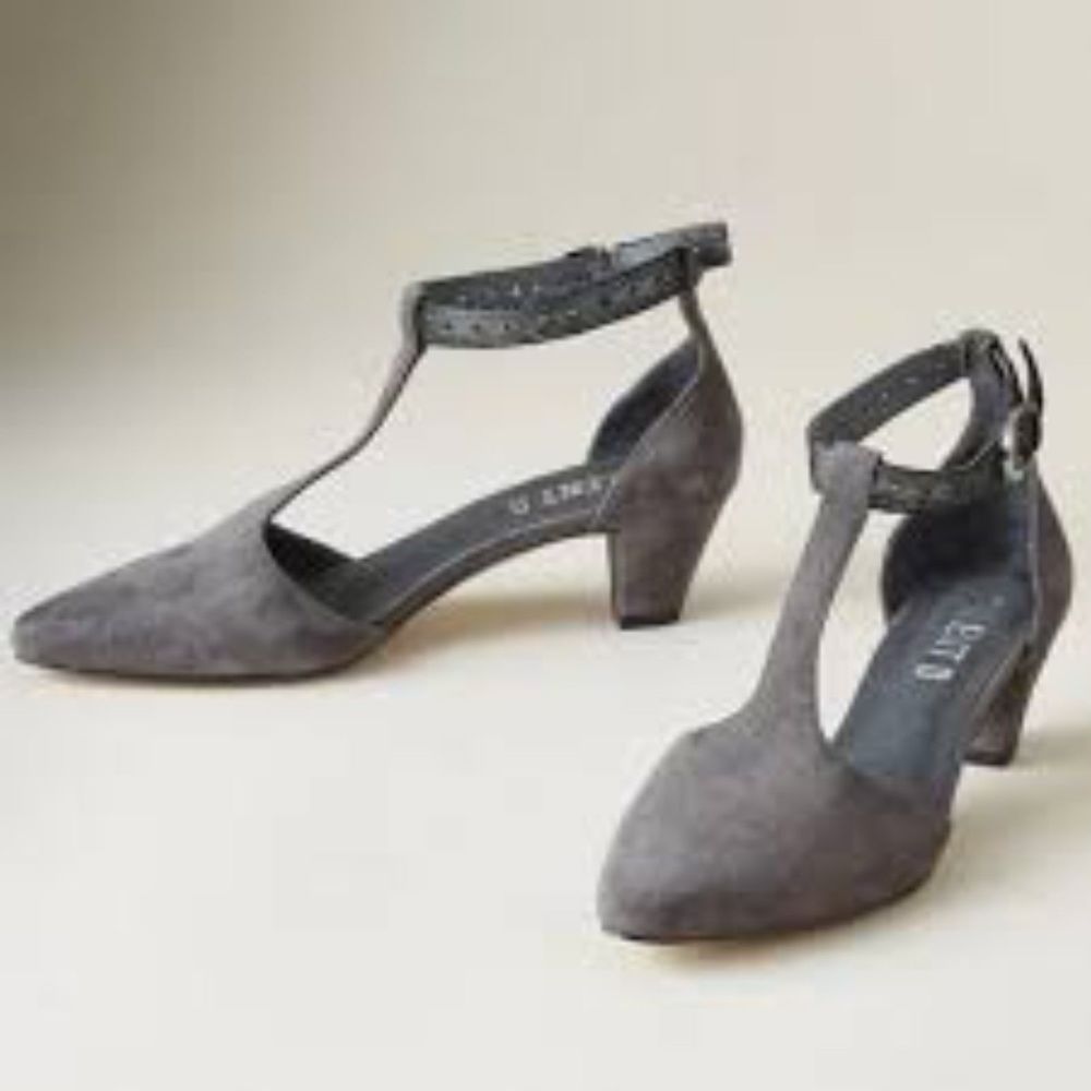 Silent D Tibetta Gray Suede T Strap Kitten Heel Pumps